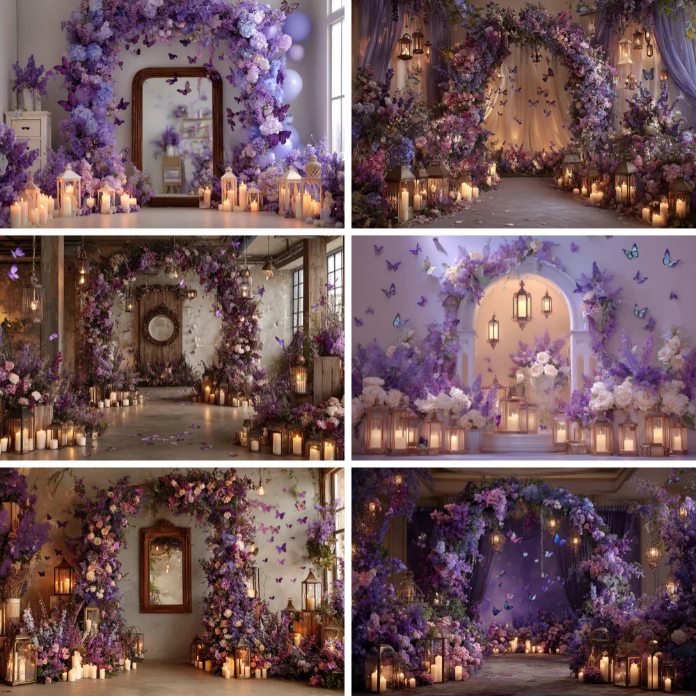 

Butterfly Girl Cake Smash Photography Background Purple Flower Wall Butterfly Candle Lantern Backdrop Baby Birthday Photo Studio