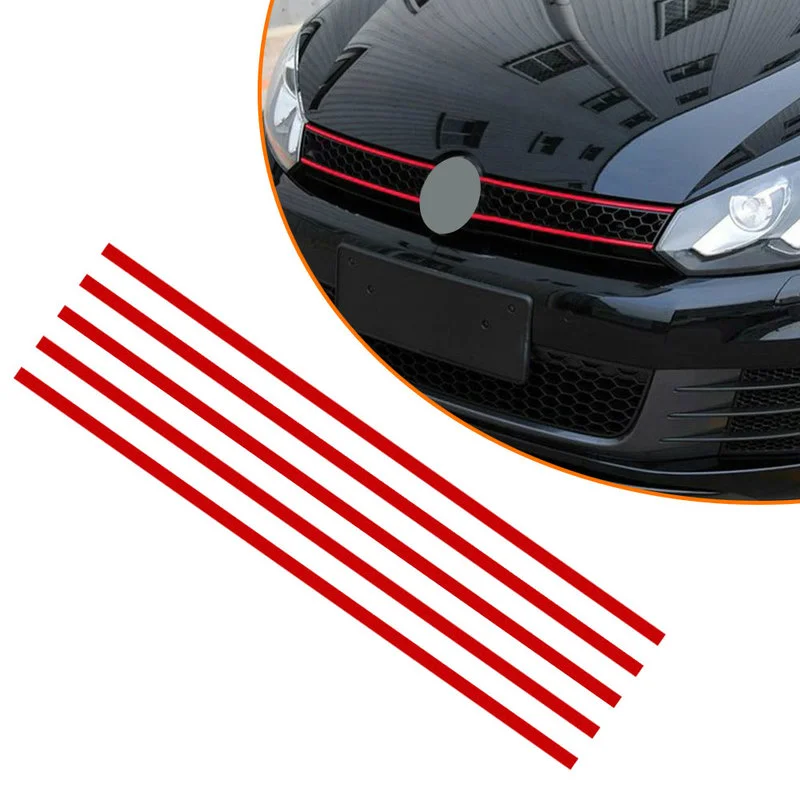 5pcs Red Car Stickers Reflective Strips Front Hood Grille Mouldings Auto Grille Decorative Sticker Waterproof Car Accessories