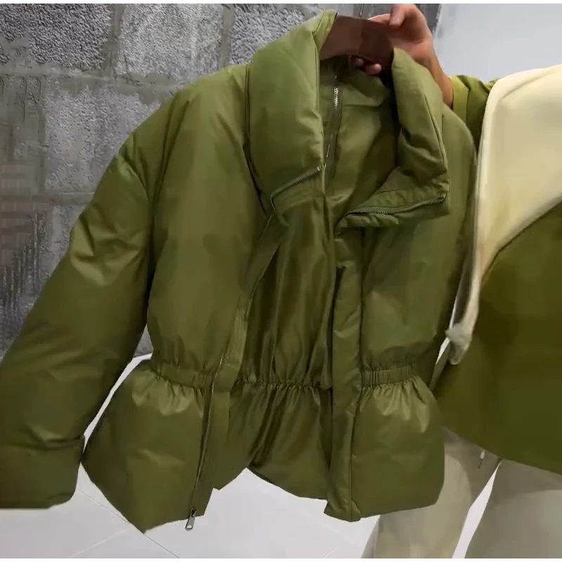Glossy Stand‑Collar Drawstring Waist Back Zip‑Up Puffer Coat 2026 Winter Women Warm Padded Jacket Trendy Lady Cotton‑Padded Coat