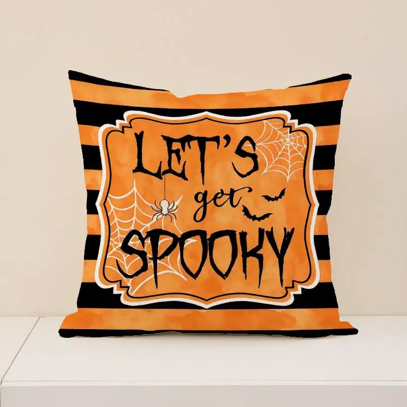 2 Stück Halloween Orange Kissenbezüge mit Geister- und Kürbisdruck aus Polyester, bequeme Dekoration für Sofakissen. – Detail 7