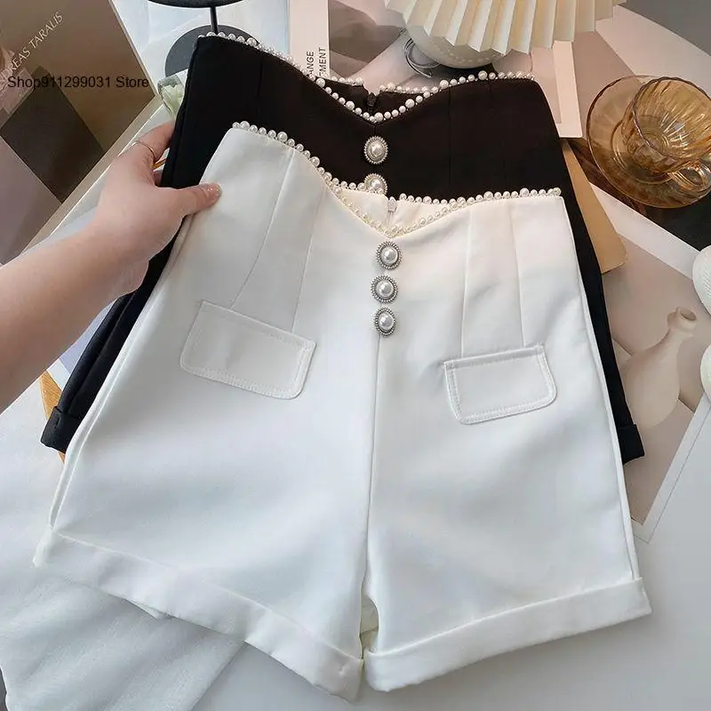 Summer and Autumn Season Single Breasted Temperament Pearl Loose High Waist Slim Fit Versatile Wide Leg Shorts