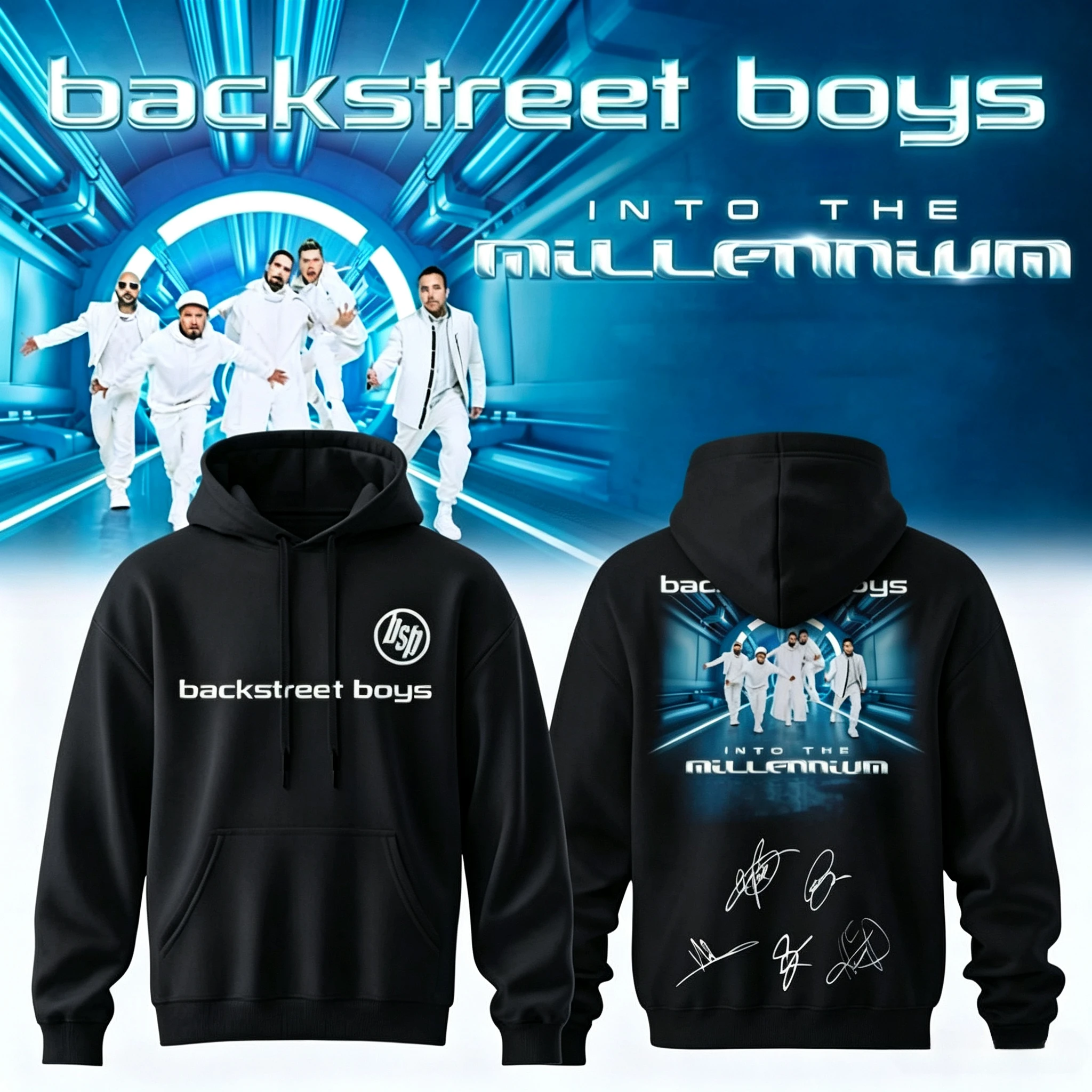 Backstreet Boys Into The Millennium Signature Hoodie Double Sided Graphic Print Oversized Pullover Pop Band Fan Hooded