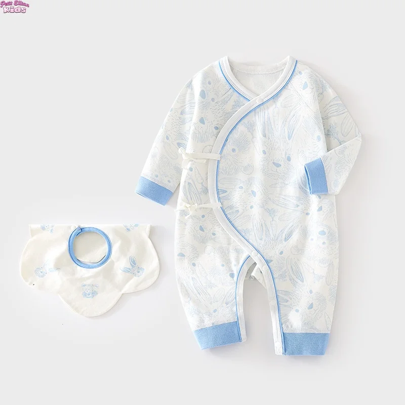 

Newborn Baby Boys Cotton Butterfly Romper Set 0-6M Baby Girls Cute Rabbit Print Long Sleeve Onesie with Bib, Soft Infant Outfit