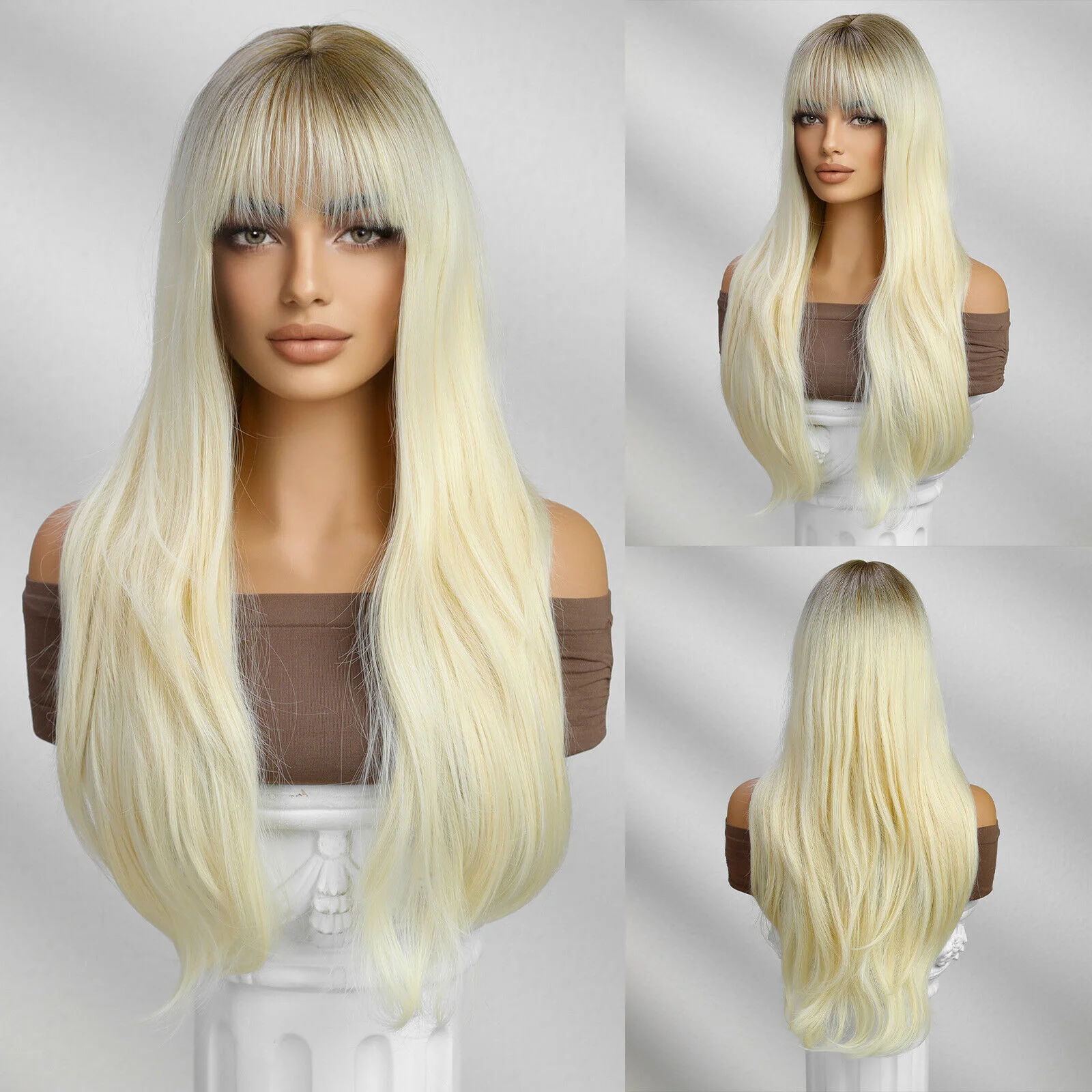 

Light Blonde Wigs with Bangs for Women Long Wavy Layered 26 Inch Daily Party Wig