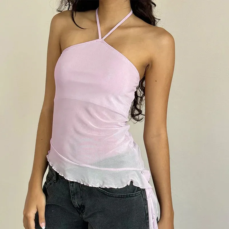

Women's Summer Halter Tank Tops Solid Color Sleeveless Backless Asymmetric Hem Mesh See Through Vest Y2K Vintage Streetwear