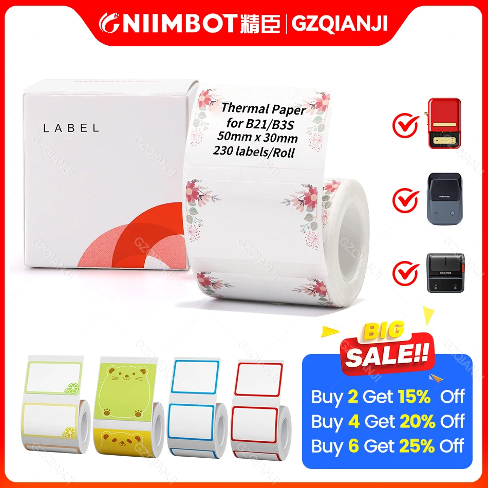 Original Niimbot B21 B1 B3S Thermal Label Printer Cute Color Paper Adhesive Sticker Barcode QR Code Paper Indoor Outdoor Papeles