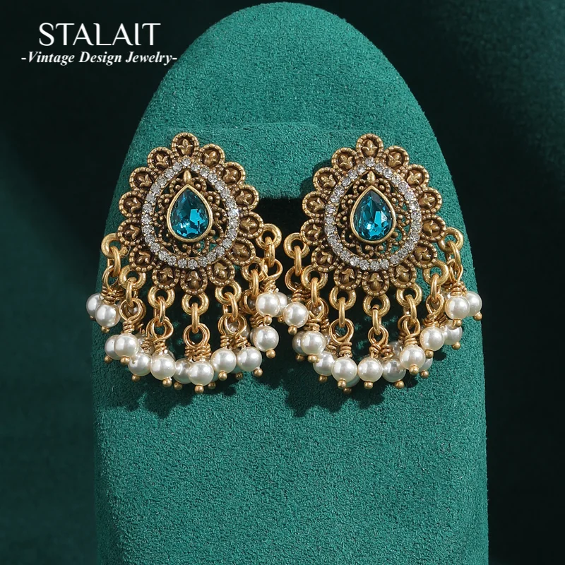 

Vintage Drop Dangle Pearl Earrings Tassel Blue Crystal Peacock Tail Antique For Women Gold Color Luxury Bohemian Jewelry 2025