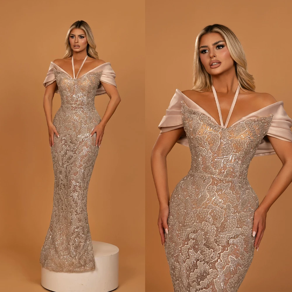 Vestidos de Noche de lentejuelas con estilo, vestido de fiesta con cuello Halter, ilusión de princesa, tren de barrido, vestido de fiesta de sirena, Vestidos de noche personalizados