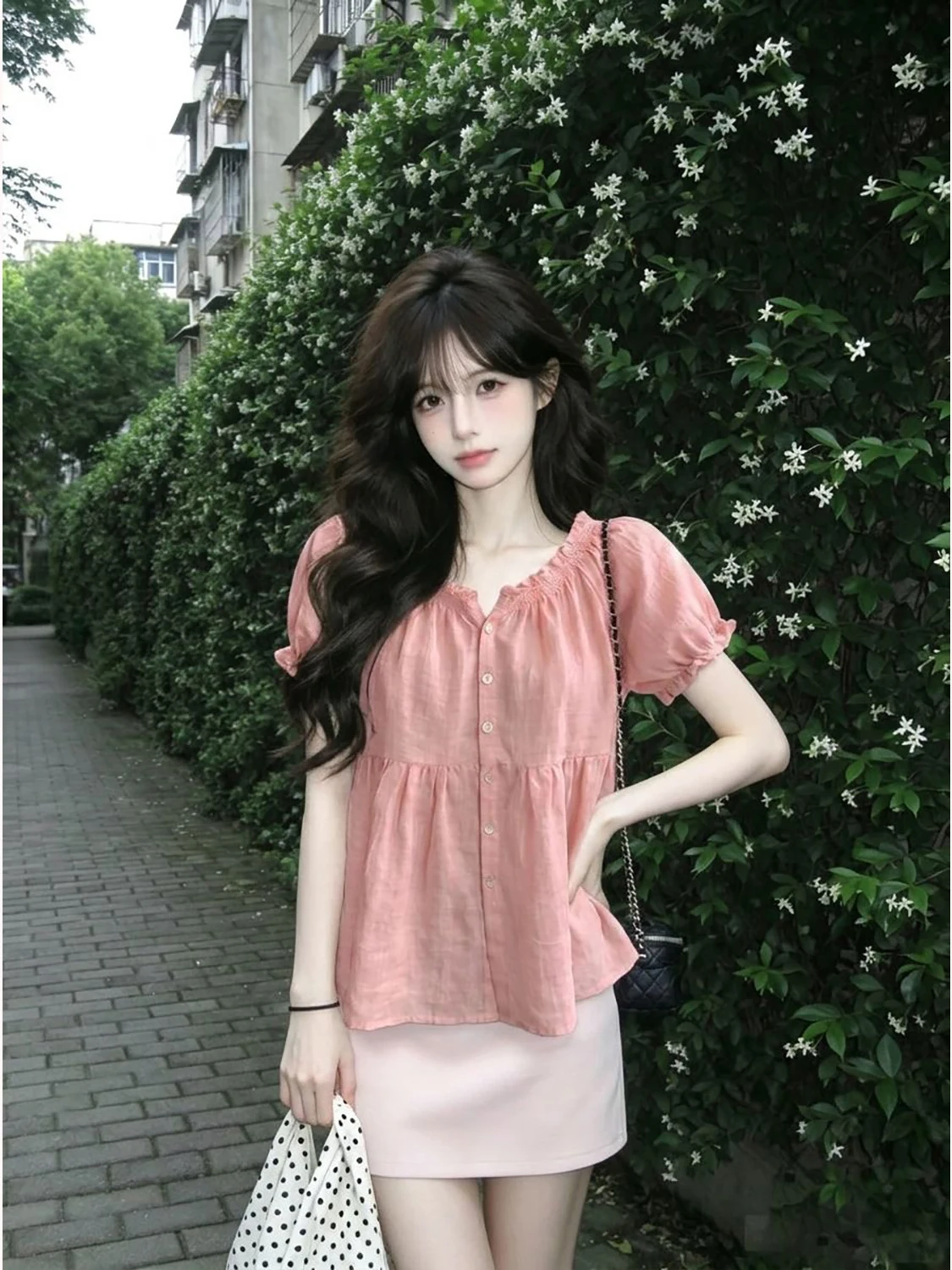 Korean Style Cute Girl Doll Shirt Top Micro Transparent Grapefruit Pink Diagonal Texture Short Sleeve Standard Fit Women's Fa...