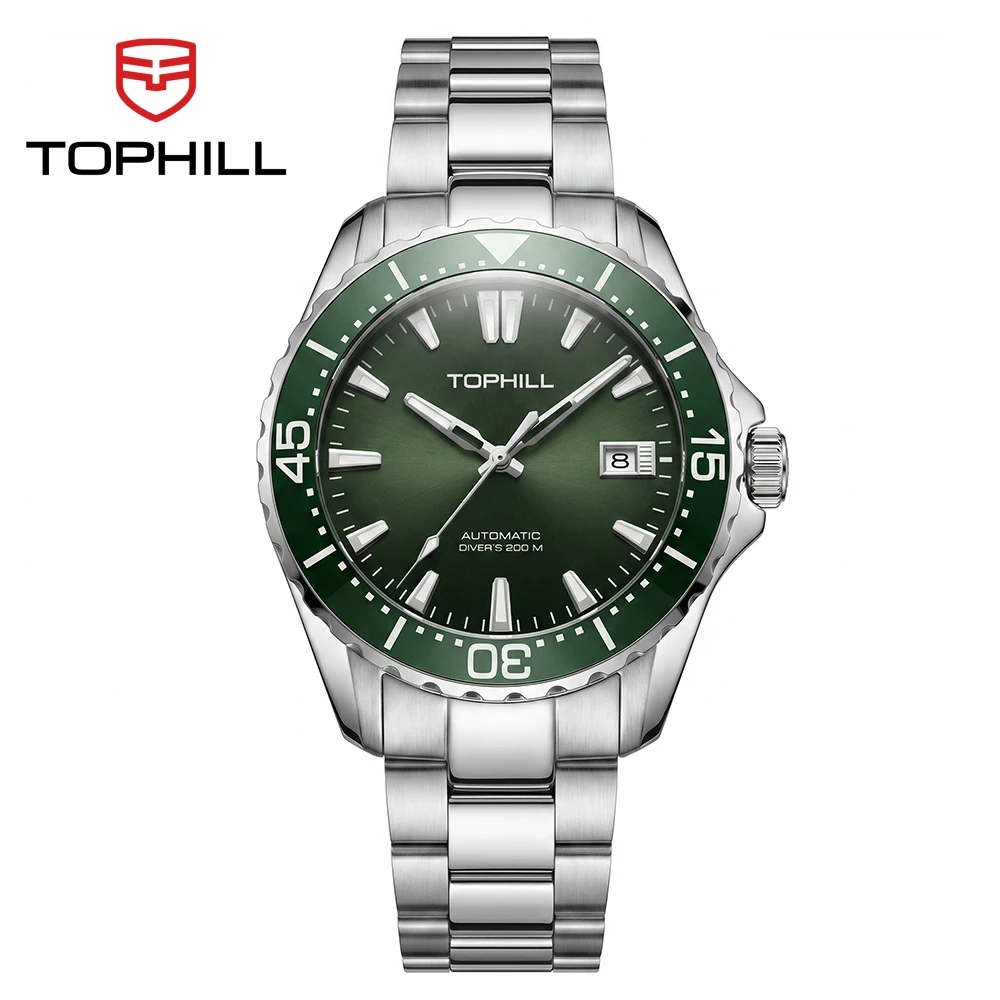 TOPHILL 41mm Miyota 8215 Men Diving Watch 200M Luminous Classic Luxury Ceramic Bezel Sapphire 3H Date Transparent Back TD015G