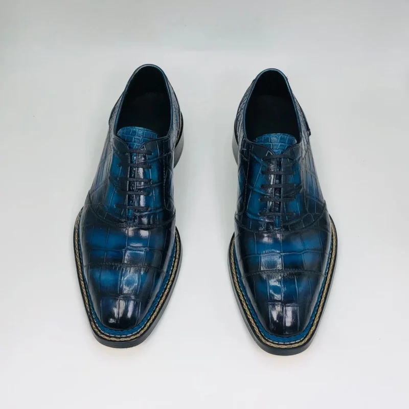 Authentic Real Crocodile Skin Gradient Blue Oxfords Shoes Genuine Alligator Leather Handmade Male Lace-up Square Toe Dress Shoes