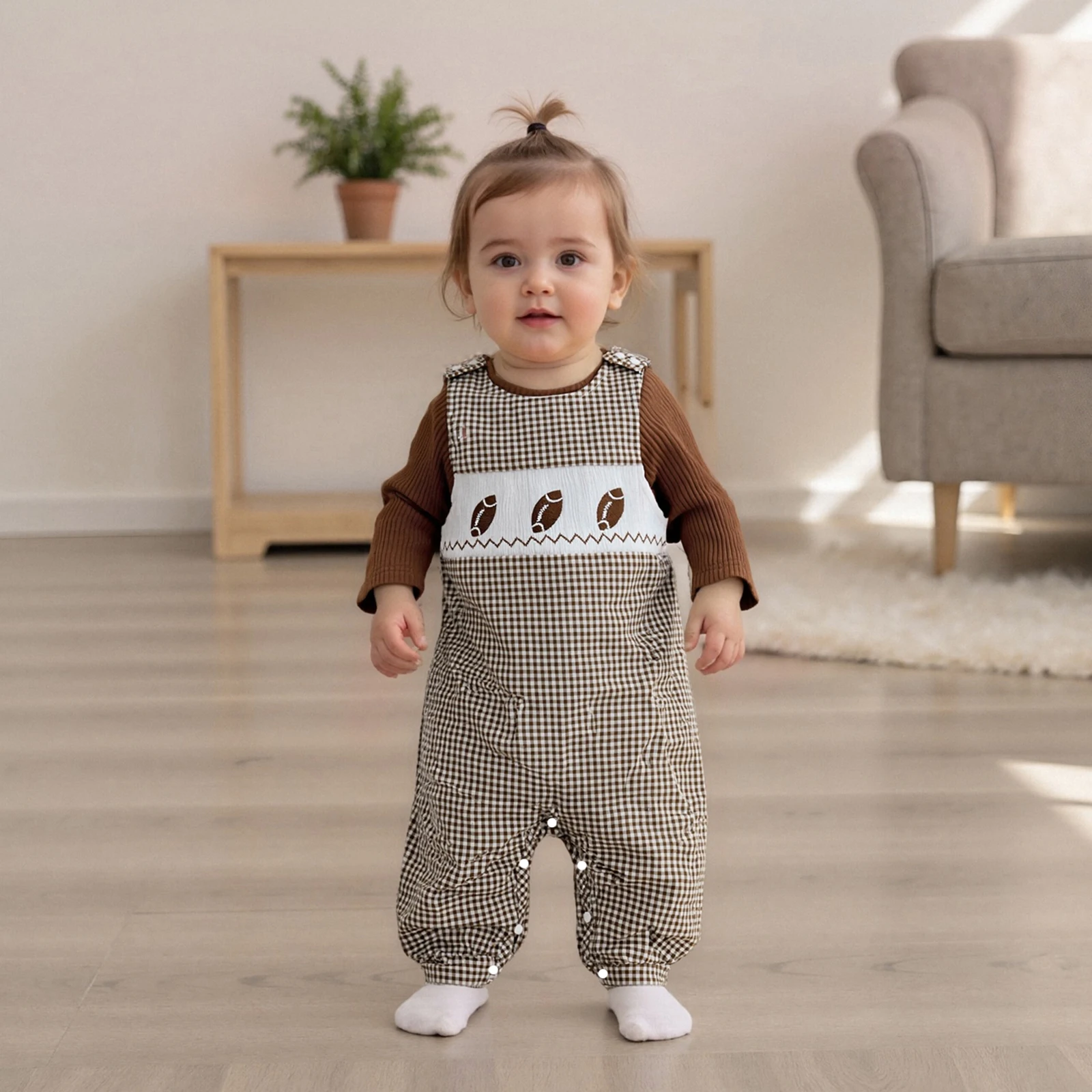 

Осенняя одежда для малышей, осенние наряды, однотонный комбинезон в рубчик с длинными рукавами и клетчатые комбинезоны с вышивкой для регби, комплект из 2 предметов