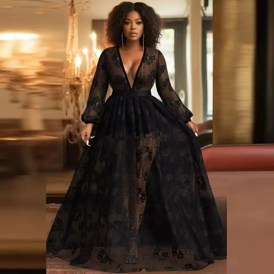 

Sexy Black Lace Deep V Neck Prom Dresses See Through Long Sleeves A Line Evening Gowns Plus Size Women Formal Party Dress