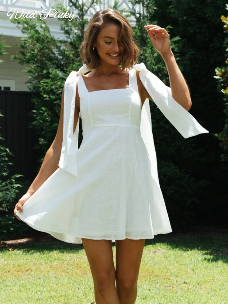 

WildPinky Sleeveless Cotton Square Collar Dress White High Waist Mini A-line Dress Casual Women's Summer Holiday Dress Vestidos