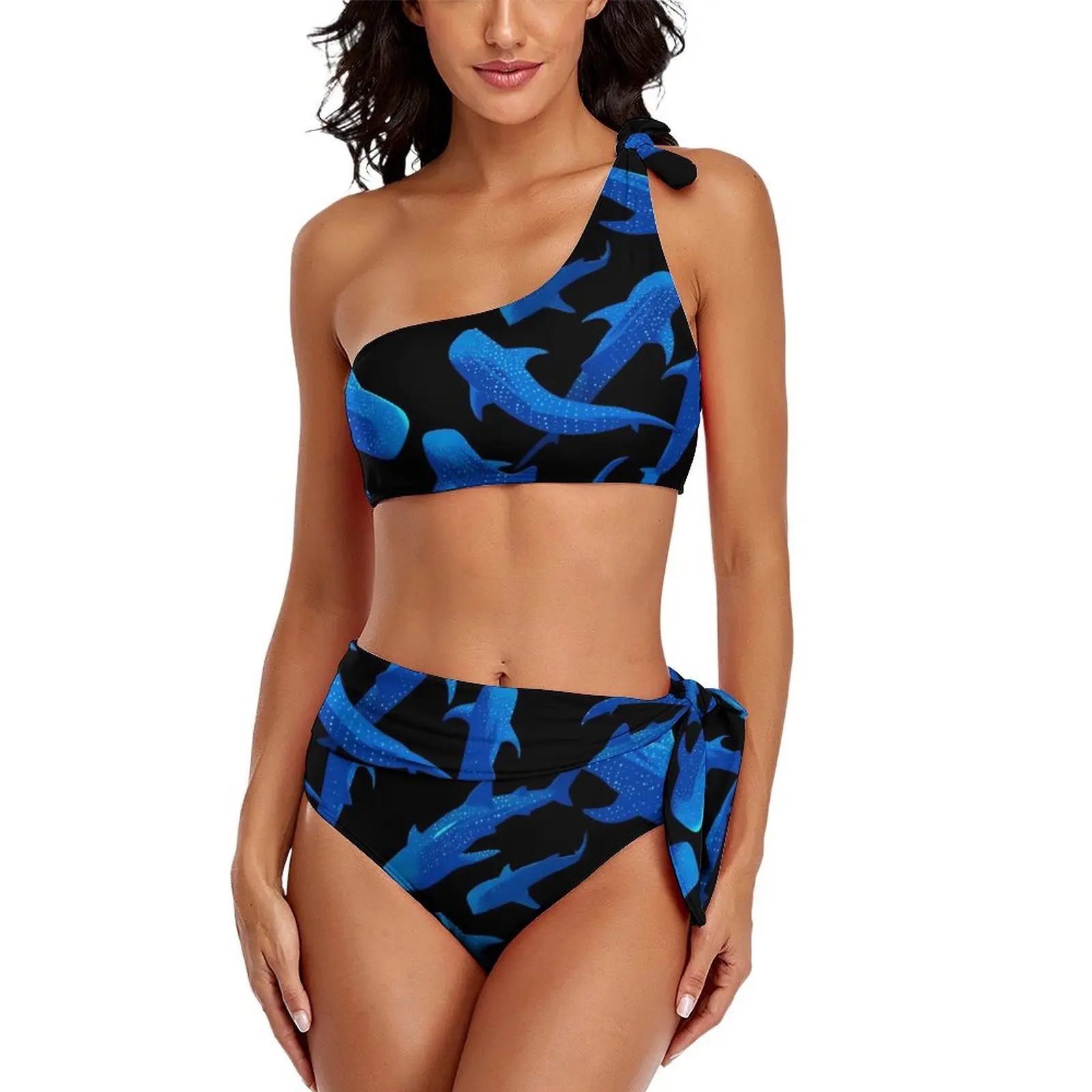 Maillot de bain bleu imprimé animal, requin, baleine, bikini, sexy, taille haute, ensemble deux pièces, rétro, pour femmes