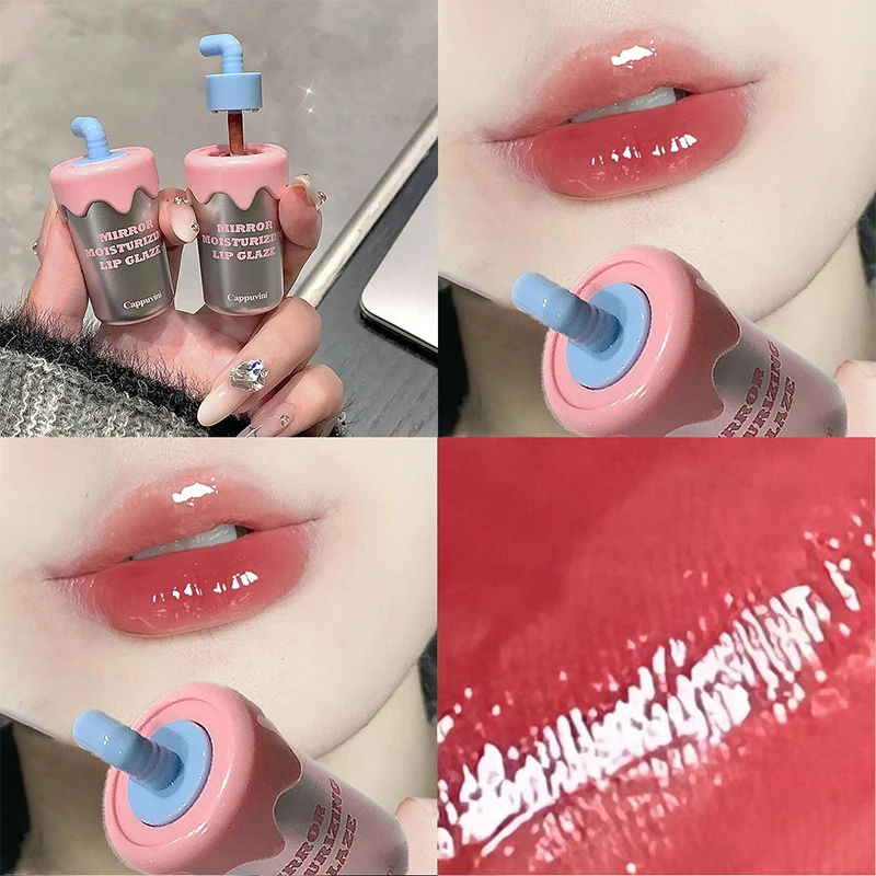 Cappuvini Moisturizing Lips Clear Lipstick Long-Lasting Lip Gloss Mini Cute Straw Cup Shape Water Gloss Lip Glaze Easy To Color