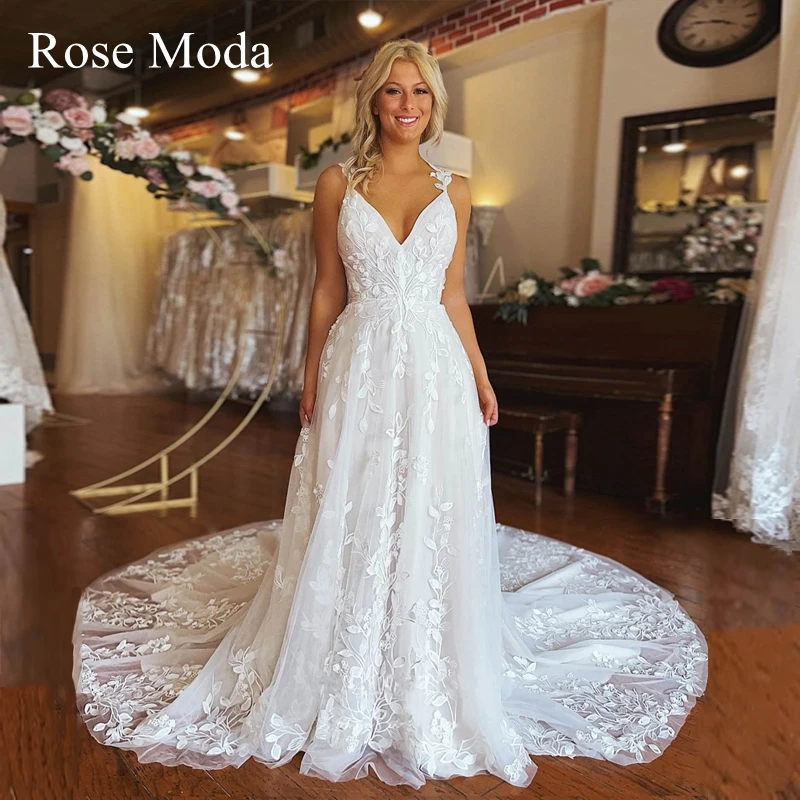 

Rose Moda V Neck Lace Wedding Dresses Backless Pastrol Destination Bridal Gown Custom Make