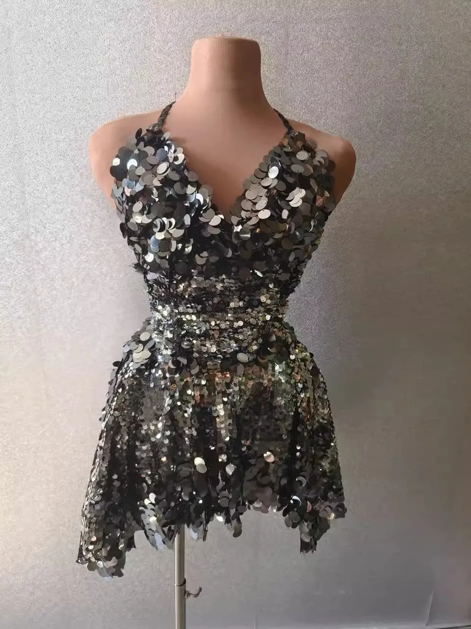 Nightclub Bar Women's Black Sequin Strap Backless Top+Short Dress Singer Dance Team Stage Wear Bar Nightclub Party Rave Costume