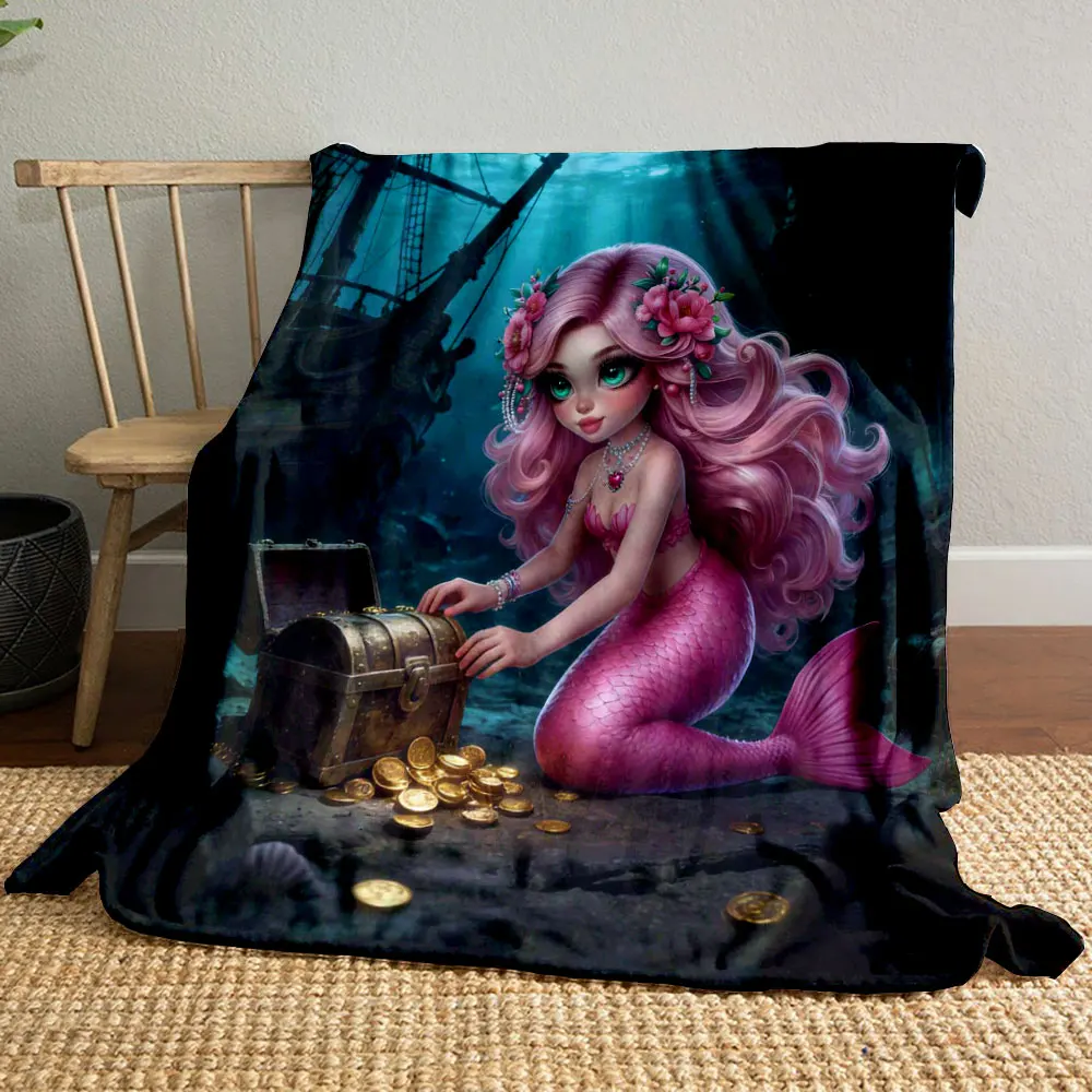 Beautiful Mermaid Pink Printing Blanket Flannel Soft Comfort Home Travel Blanket Kids Warm Blanket Picnic Multi-Size Selection