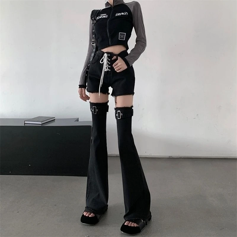 

Designer Inspired Denim Trousers Women Adjustable Tie Waist Slim Fit Jeans Removable Shorts To Long Pants All Match Bottom Wear
