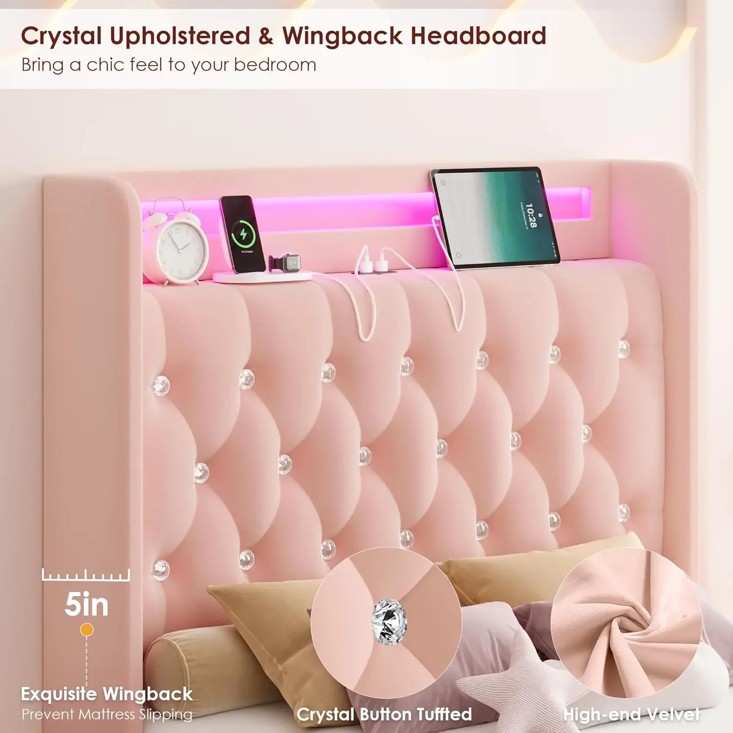 Upholstered Twin LED Bed Frame with Charging Station Headboard & 4 Storage Drawers, Velvet Crystal Button-Tufted Princess