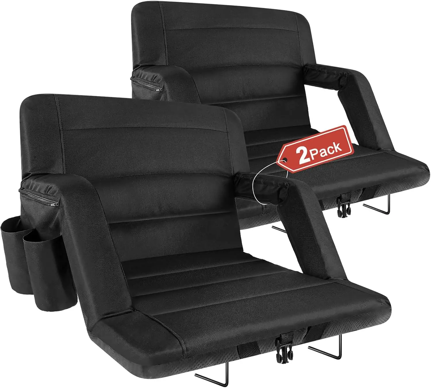 Extra Wide Stadium Seats With Back Support, Folding Bleacher Chairs With Thick Cushion, Portable Reclining Padded Floor Seats For Sports Events Outdoor Concerts Camping, 2 Pack, Black