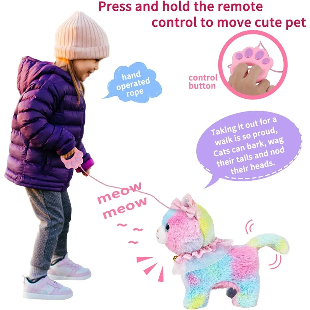 Interactive Electronic Plush Toy, Walking and Barking Robot Colorful Cat Plush, Remote Control Kitten Pets, Best Gifts for Girls