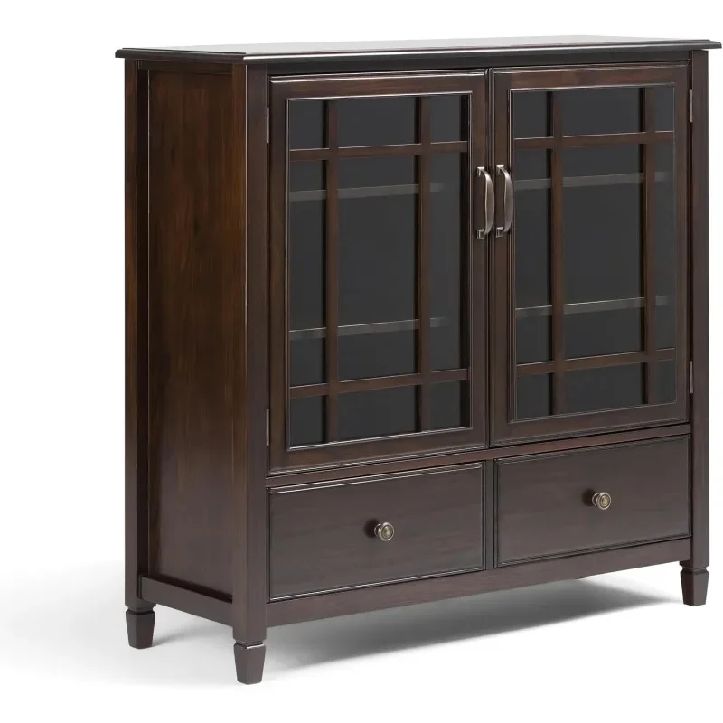 

SOLID WOOD Wide Traditional Tall Storage Cabinet in Dark Chestnut , For the Living Room, Entryway and Family Room