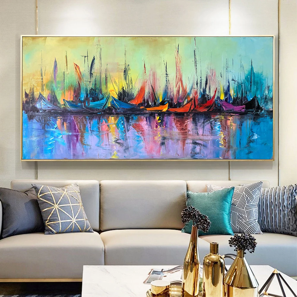 Ocean Marina Landscape Canvas Oil Painting, Abstract Art Poster, Sailboat Picture, Living Room, Over Bed, Home Wall Decor