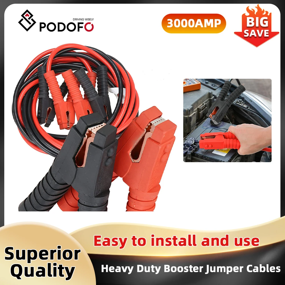 Podofo Jumper 3000A 2 × 6M 50mm2 كابلات كابلات معززة شديدة التحمل كابلات السيارة خط بدء الطوارئ لشاحنة فان السيارة