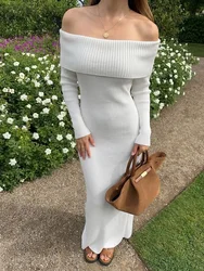 Tossy moda abito lungo in maglia con spalle scoperte femminile a costine allentato a vita alta elegante abito da festa autunnale abito maxi in maglieria da donna