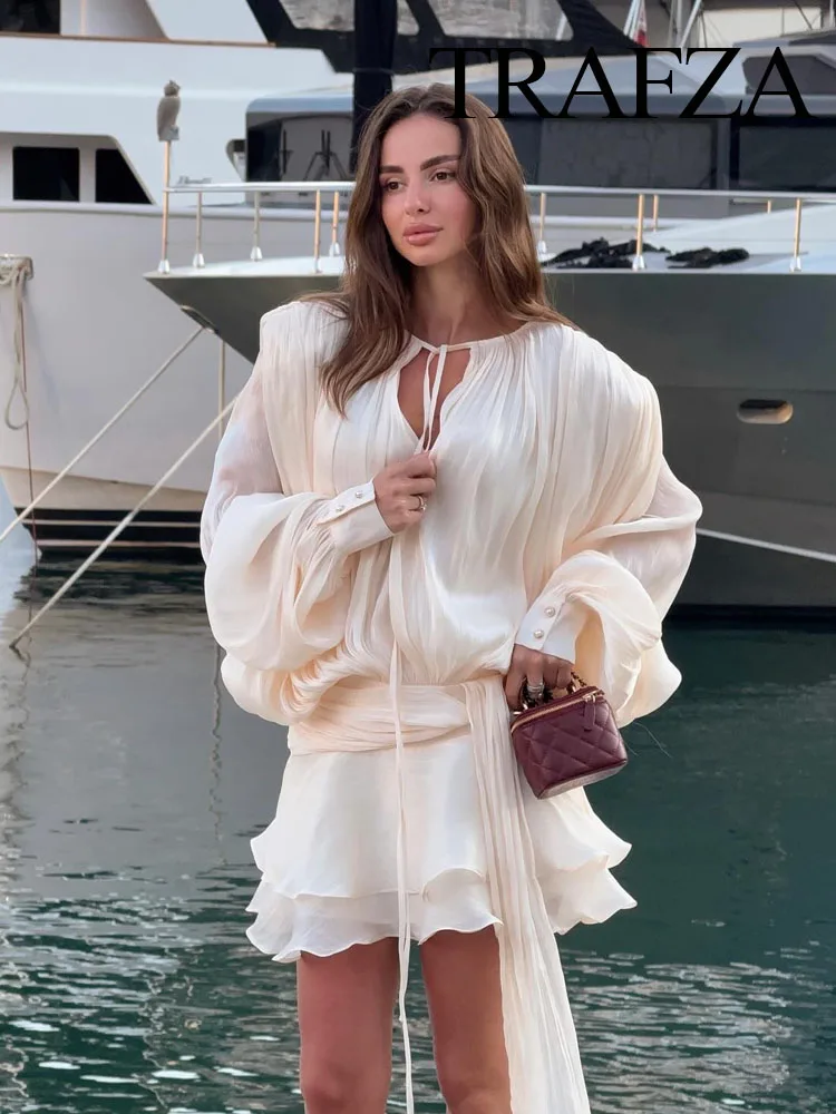 

TRAFZA Women Fashion 2 Piece Set Solid Pleated Decoration Puff Sleeves O-Neck Mini Dress+Chic Rear Zipper Shorts Suit 4 Colors