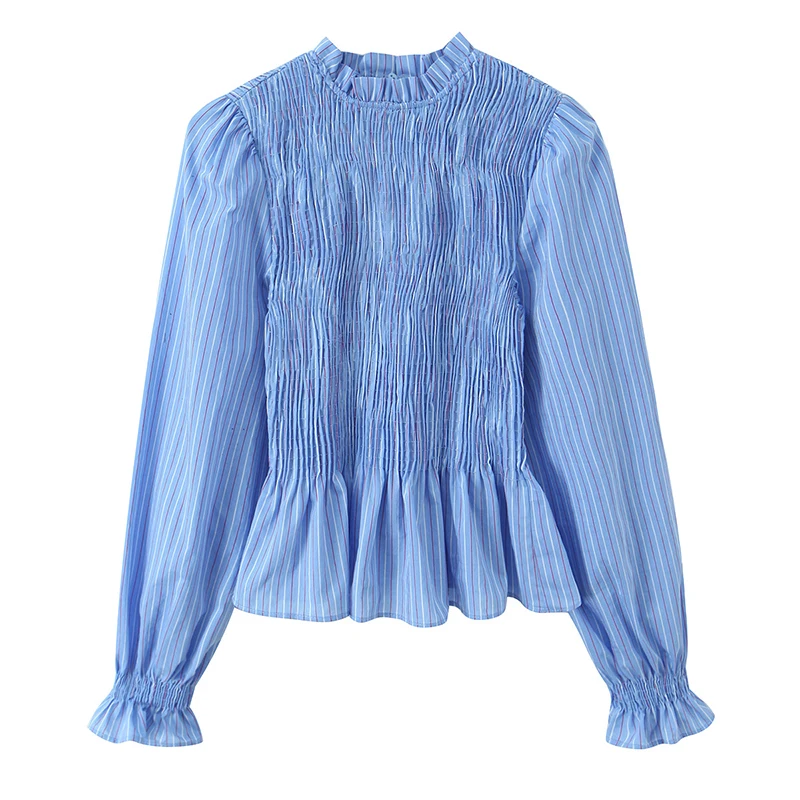 

YENKYE New 2026 Women Smocked Striped Blouse Long Sleeve Stand Collar Spring Summer Tops