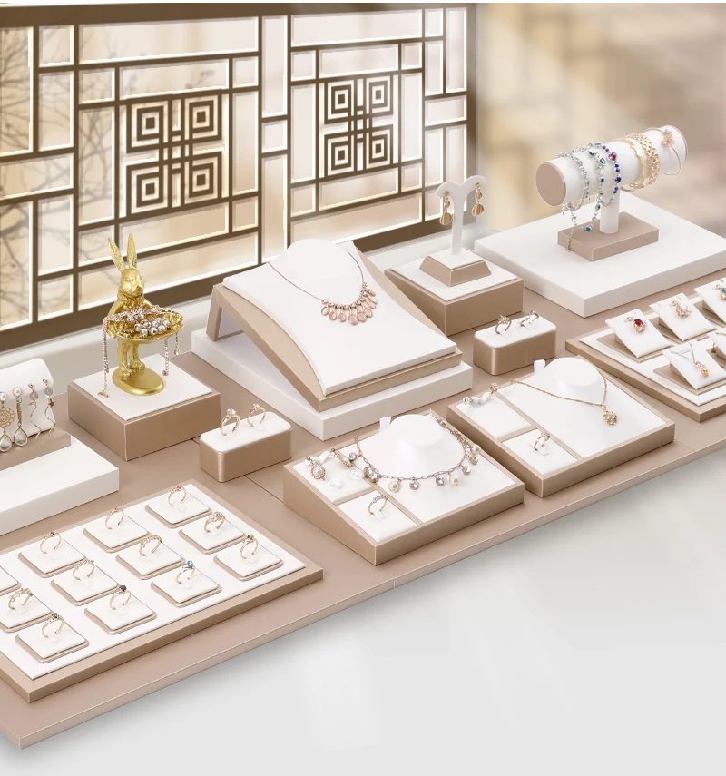 PU Leather Hand Jewelry Ring Display Pedestal Stand Holder Counter Organizer Tray Showcase Earring Storage Case Store Collection