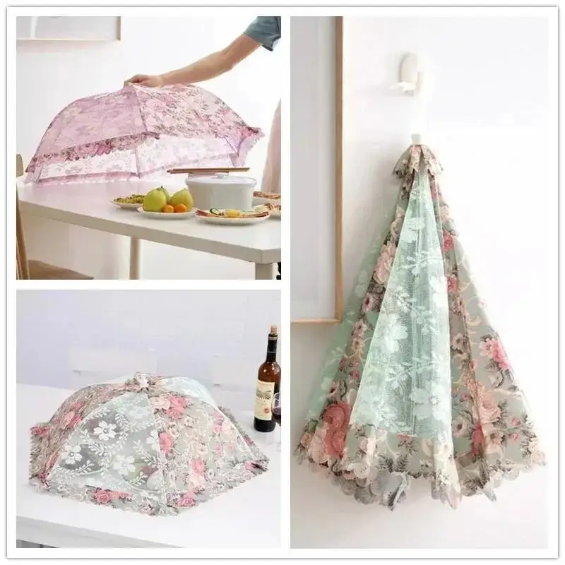 New Folding Vegetable Gadgets Household Kitchen Convenience Dustproof Mesh Food Cover Umbrella Shape Fly Proof Stain Table Lace
