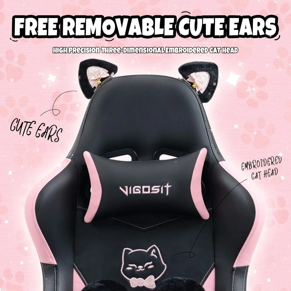 Ergonomic Gaming Chair with Footrest, Cute Cat Ear Design, Comfortable Desk Chair for Women, Ideal for Gamers and Office Use