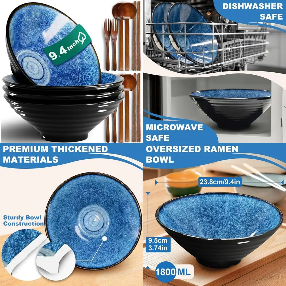 

Japanese Porcelain 9.4-Inch Ceramic Ramen Bowl Set - 16 Piece Dishwasher and Microwave Safe - Ideal for Salad, Noodles, Cereal,