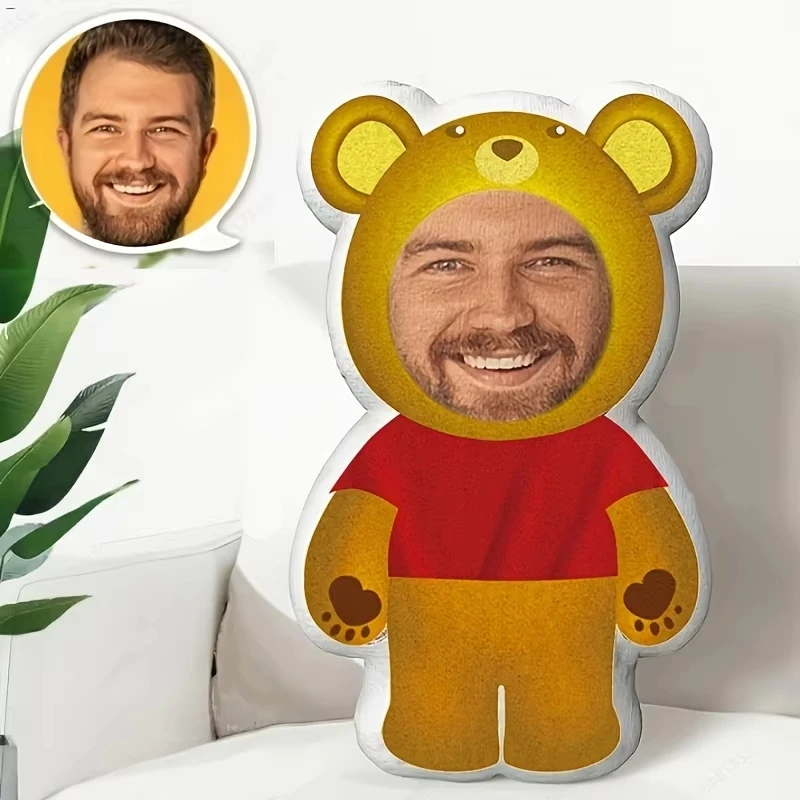 Customized Yellow Bear Photo Pillow Personalized Face Print Red Tee Plush Doll Lover Souvenir Home Decor Stuffed Cushion