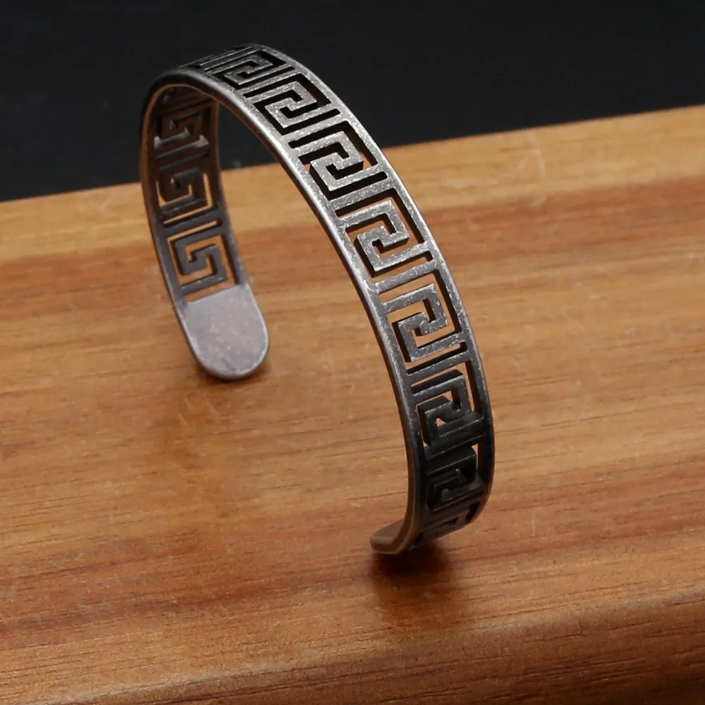 Vintage Simple Hollow Chinese Long Wall Pattern Stainless Steel Open Bracelet For Men Women Holiday Fashion Jewelry Gifts