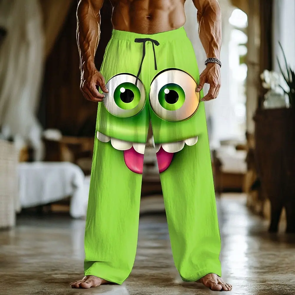 Men's 3D Cartoon Expression Trousers Baggy Pants Casual Pants Mid Waist Funny Style Elastic Drawstring Waist Pants Fall Spring