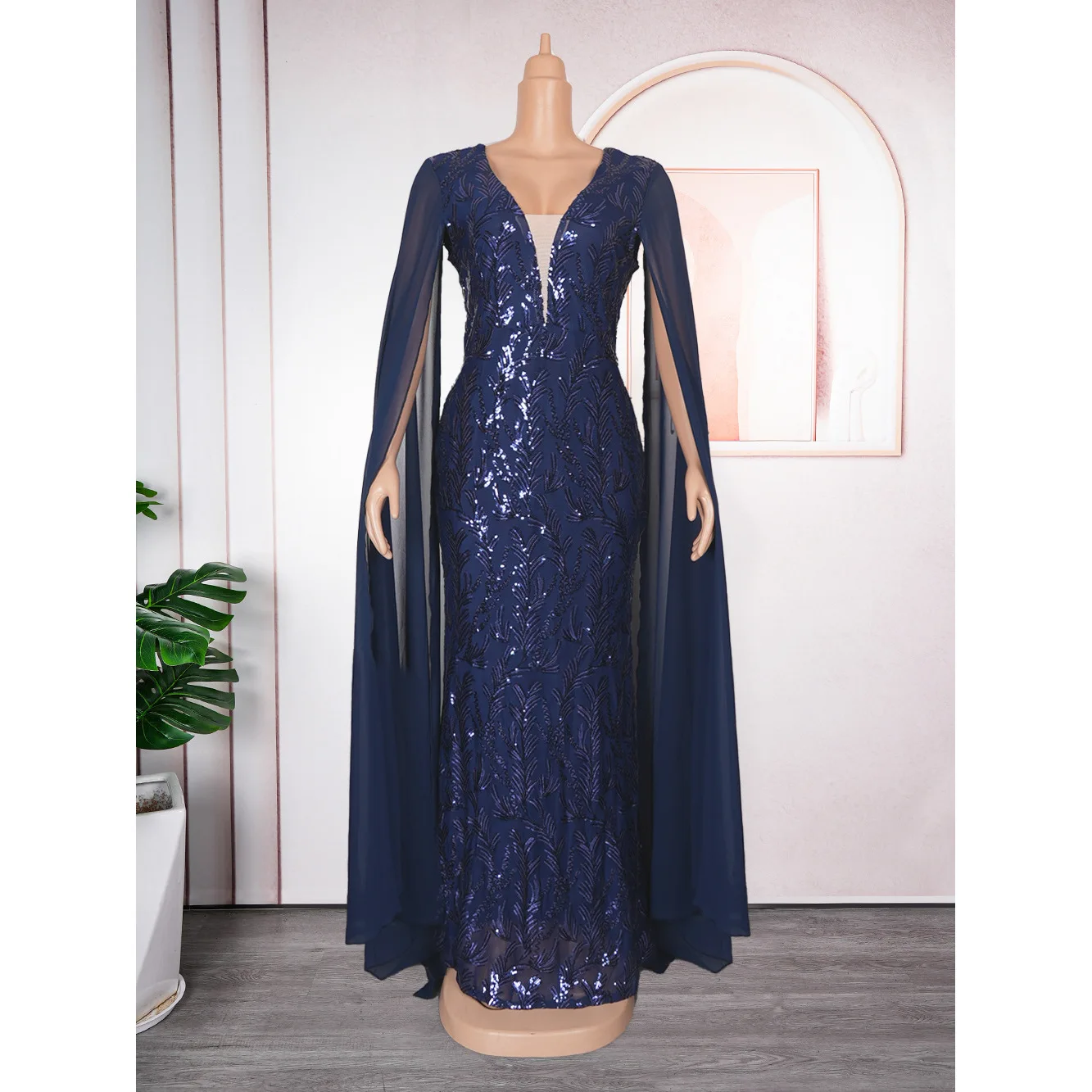 Sexy lange amerikanische Größe Damen V-Ausschnitt Perlen Dr grenzüberschreitendes Tanz-Abendkleid Ele reine Farbe mittlere Taille figurbetont Dr