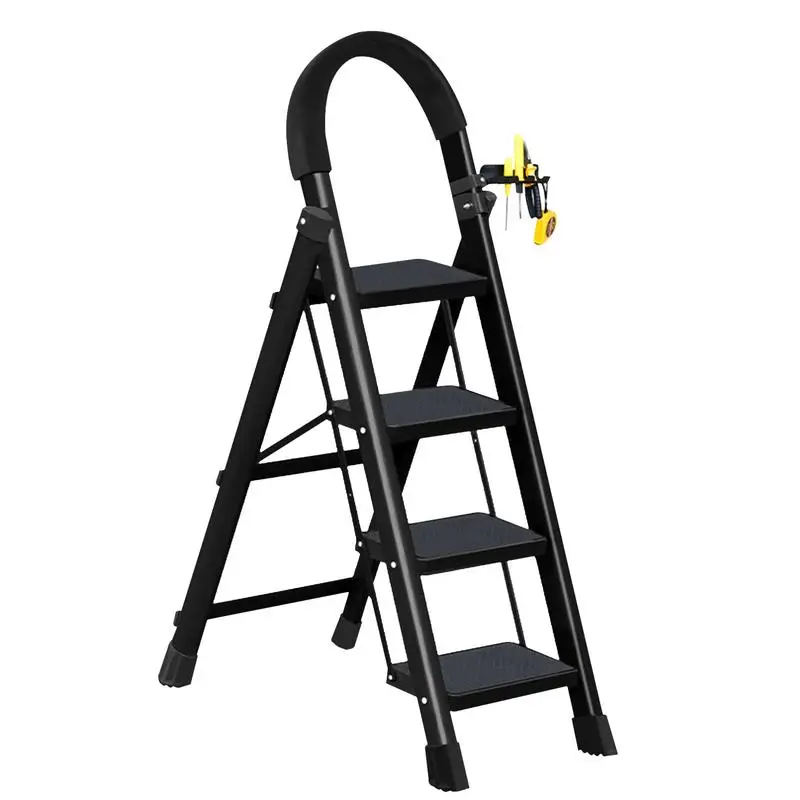 Step Ladders for Home 4 Steps Foldable Iron Frame Step Stool Heavy Duty Anti Slip Triangular Structure Stool Ladder with Soft