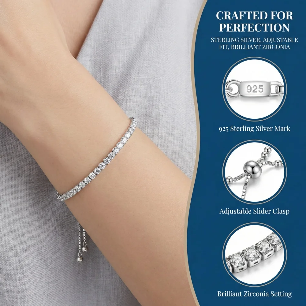 925 Sterling Silver Bracelet, 3mm Square Zirconia Crystal, Elegant and Noble Women's Tennis Bracelet, Jewelry Accessory Gift