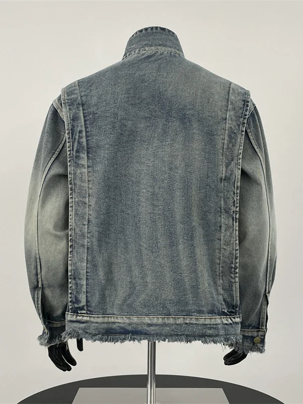 

Retro Frayed Denim Jaet Men's High Street American Vibe Workwear Top Loose Stand Collar Trendy Brand Jaet Spring Autumn