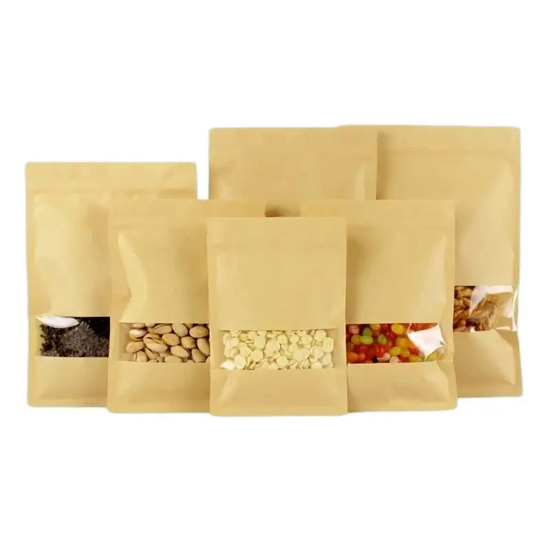 

50 Pcs/Lot Kraft Paper Visible Reusable Pouches Package Bag Nuts With Clear Window Food Zip Storage Bag