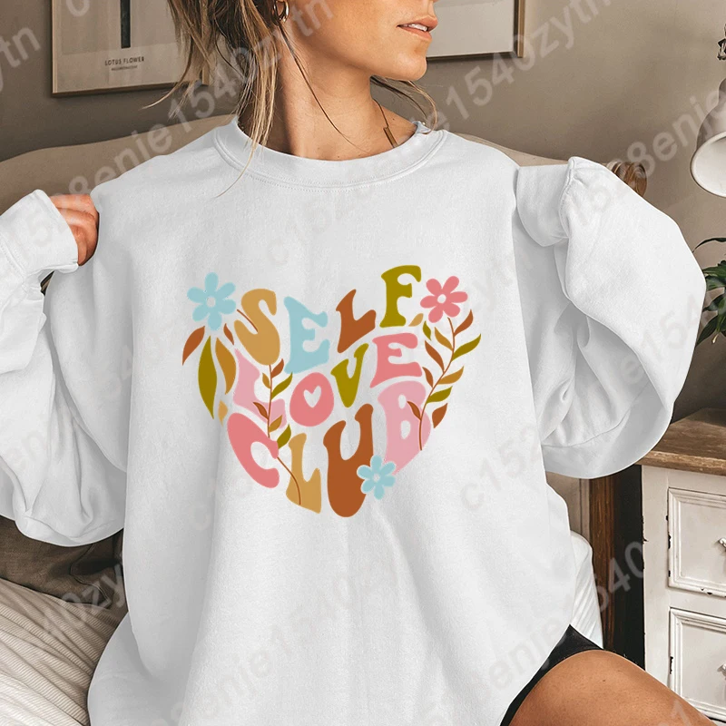 New Women Long Sleeve Hoodless Pullovers Flower Heart Self Love Club Print Round Neck Outdoor Sweatshirt Tops Trend Women's Tops