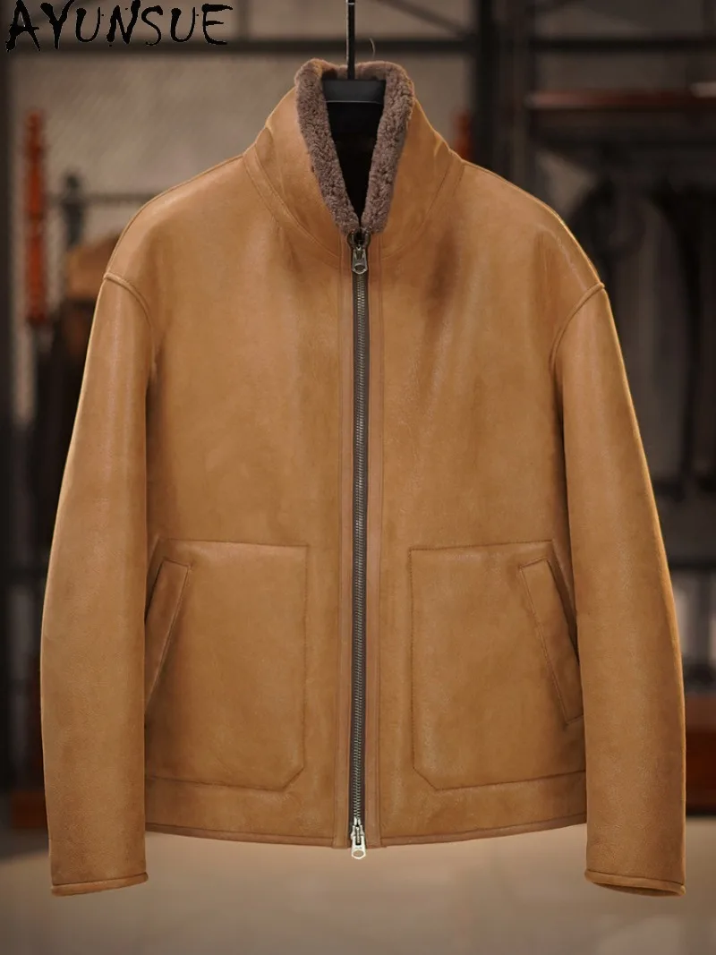AYUNSUE Men Merino Natural Sheep Wool Integral Jacket Thick Warm Genuine Sheepskin Real Fur Coat Man Winter Fur Outerwear Trend