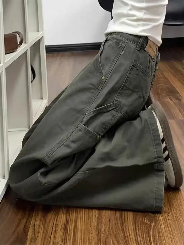 

Американские ретро-джинсы в стиле милитари, женские свободные прямые брюки с широкими штанинами, весна-осень, большие размеры, дизайнерский стиль