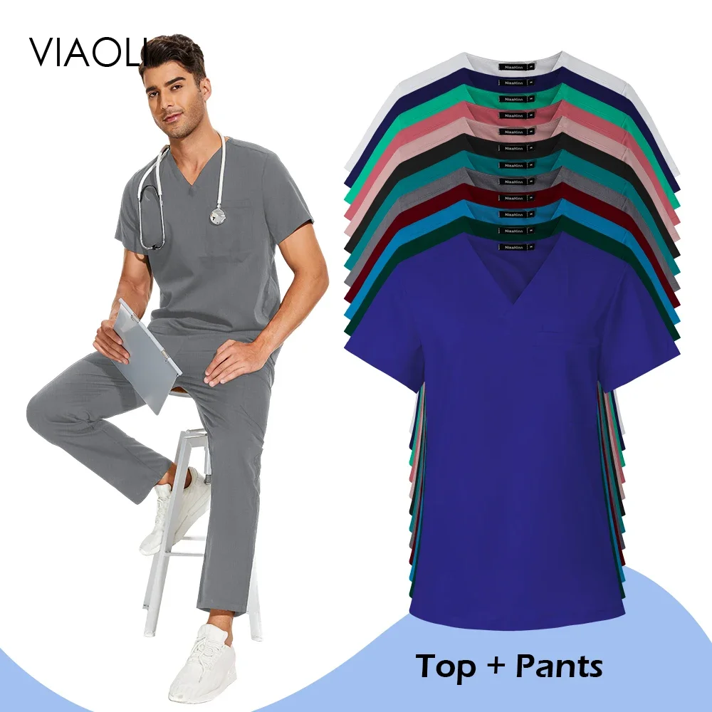 Clinical Uniform Mens Solid Colored Elastic Work Clothes Unisex Hospital Accessories Doctor Surgical Uniform Pediatric Scrub Set