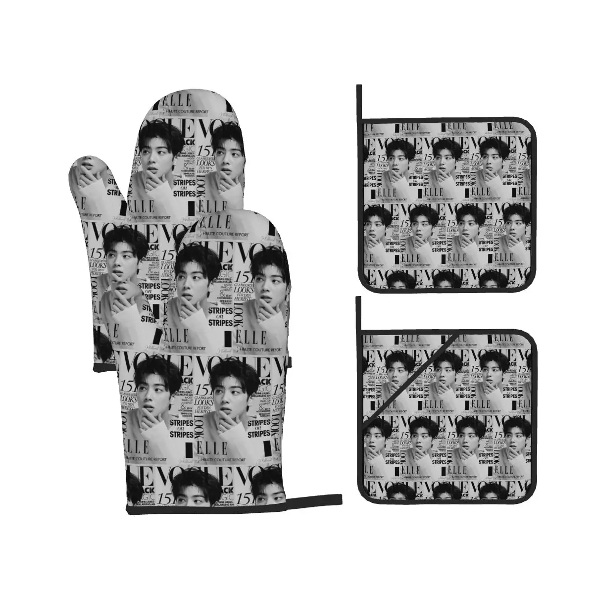 Cha EunWoo Kpop Astro Oven Mitts and Pot Holder Sets of 4 for Baking Kitchen Cooking BBQ Resistant Non-Slip Gloves
